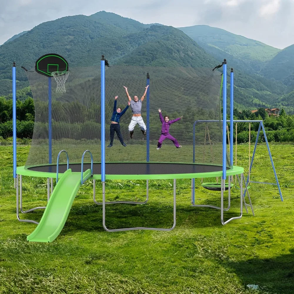 Kids Outdoor Swing Set With Slide - Conjunto de Trampolim de 12-14FT com