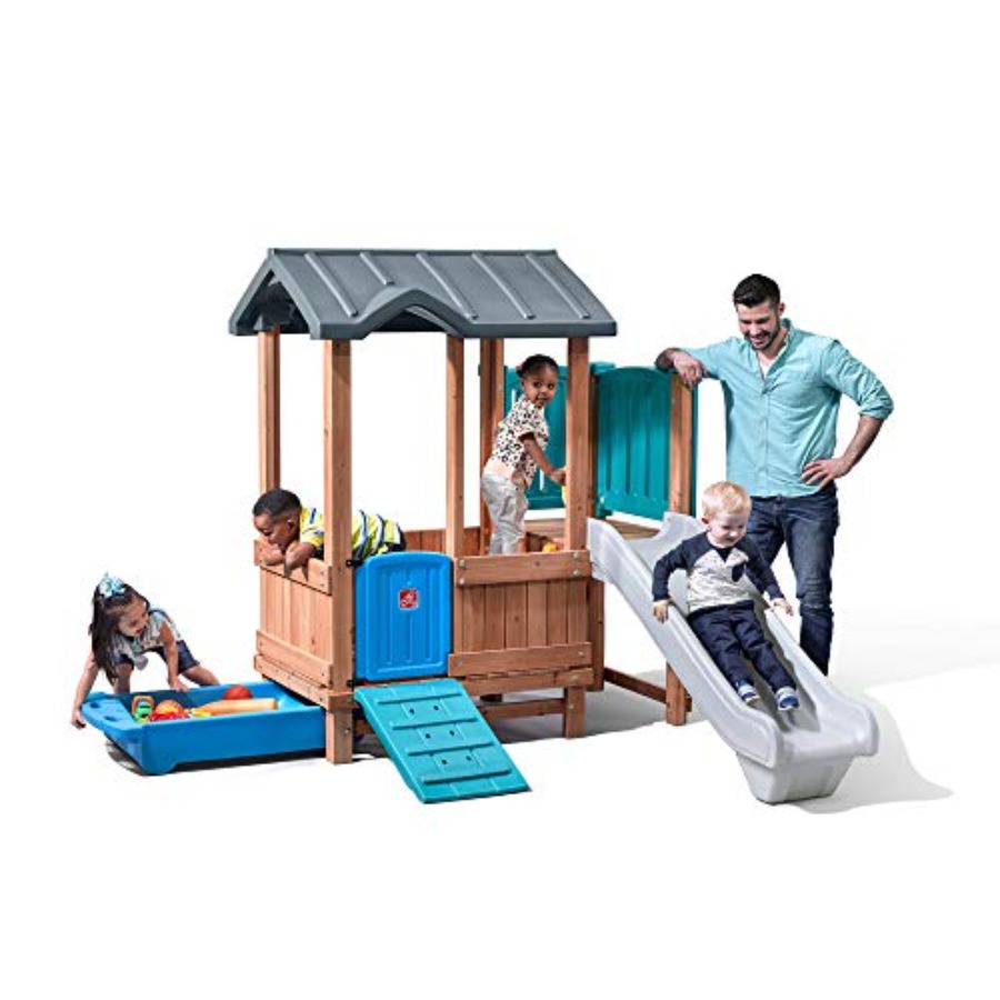 Kids Outdoor Swing Set With Slide - Woodland Adventure Playhouse & Slide, conjunto